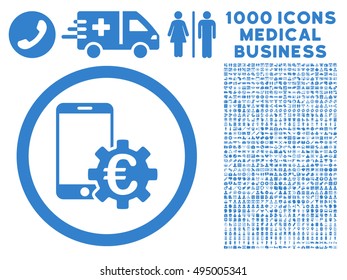 Configure Mobile Euro Bank icon with 1000 medical commercial cobalt vector pictographs. Set style is flat symbols, white background.