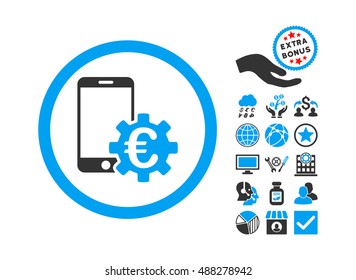 Configure Mobile Euro Bank pictograph with bonus design elements. Vector illustration style is flat iconic bicolor symbols, blue and gray colors, white background.