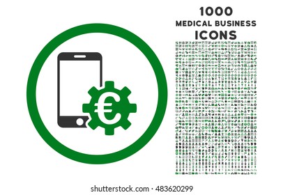 Configure Mobile Euro Bank rounded vector bicolor icon with 1000 medical business icons. Set style is flat pictograms, green and gray colors, white background.