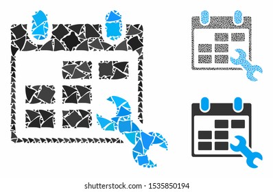 Configure timetable composition of trembly elements in variable sizes and color hues, based on configure timetable icon. Vector inequal elements are composed into collage.