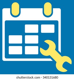 Configure Timetable vector icon. Style is bicolor flat symbol, yellow and white colors, rounded angles, blue background.