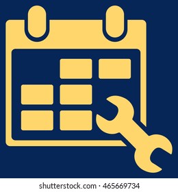 Configure Timetable vector icon. Style is flat symbol, yellow color, rounded angles, blue background.