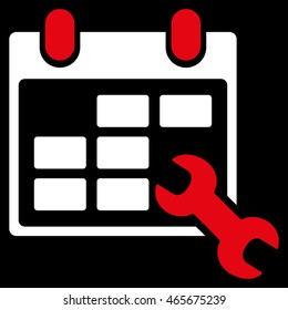 Configure Timetable vector icon. Style is bicolor flat symbol, red and white colors, rounded angles, black background.