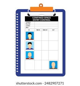 Confined and limited space work entry control document vector illustration. A sheet of paper contain worker list for entrant checking.