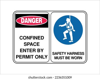 Confined Space Enter by Permit Only,  Safety Harness Must be worn - Multiple Safety Warning Signs - International Hazard, Danger, Prohibition, and Mandatory Signs