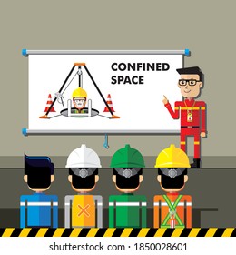 Confined Space Safety Training Graphic Illustration. Flat Style Cartoon.