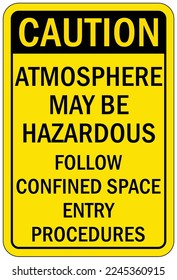 Confined space sign and labels atmosphere may be hazardous follow confined space entry procedures