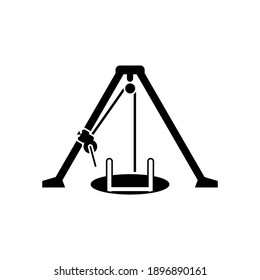 Confined Space Work Entry Icon. Tripod And Manhole Black Style Symbol.