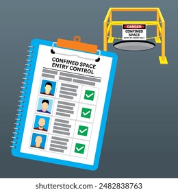 Confined space work entry list of worker document vector illustration. Dangerous work safety management.