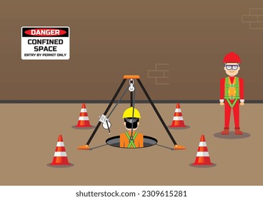 Confined space work entry safety vector illustration. Worker on the manhole.