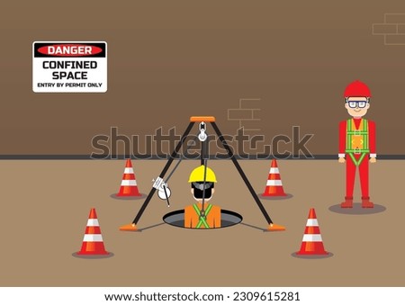 Confined space work entry safety vector illustration. Worker on the manhole.