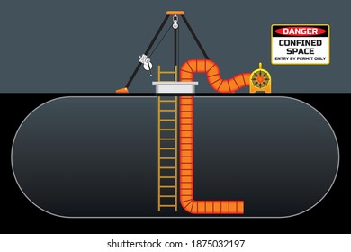 Confined Space Work Illustration At Industry Or Construction. Safety Rules Of Permit Entry.