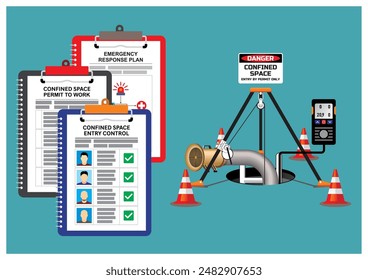 Documento de seguridad de trabajo espacial confinado y Ilustración vectorial estándar del equipo. Permiso para trabajar, Plan de respuesta de emergencia, entrada, soplador, señal, cono, detector de gas y trípode para el rescate.