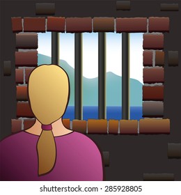 An confined woman is looking out of the barred window of a jail. Vector illustration.