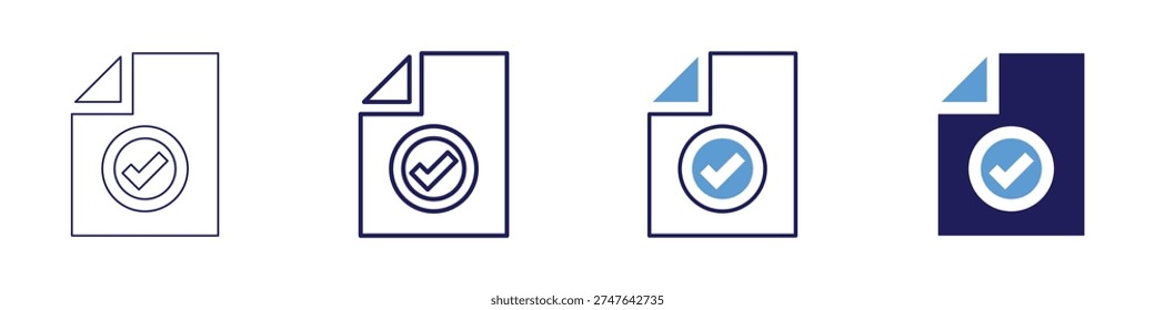 Confirm action tick icon in 4 different styles. Thin Line, Line, Bold Line, Duotone. Duotone style. Editable stroke.