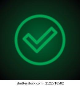 Confirm, agree simple icon. Flat desing. Green neon on black background with green light.ai