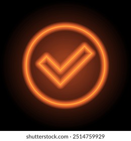 Confirm, agree simple icon. Flat design. Orange neon on black background.ai