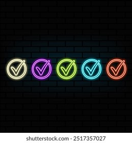 Confirm, agree simple icon. Flat desing. Purple neon on black background.