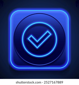 Confirm, agree simple icon. Flat design. Blue neon style on button. With shadow.ai