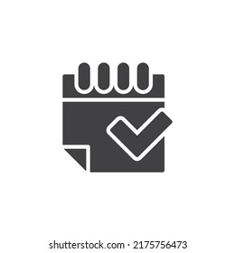 Confirmar icono vectorial de cita. signo plano relleno para concepto móvil y diseño web. Calendario con marca de verificación icono de glifo. Símbolo, ilustración del logotipo. Gráficos vectoriales