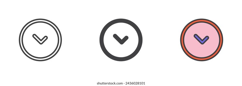 Confirm button different style icon set. Line, glyph and filled outline colorful version, outline and filled vector sign. Circle button with check mark symbol, logo illustration. Vector graphics