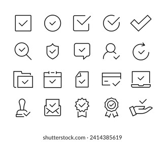 confirm Check mark checklist business, office, poster, Approve Protection Guarantee, Accepted Document, Quality checkbox line icons set, editable stroke isolated on white, linear vector outline