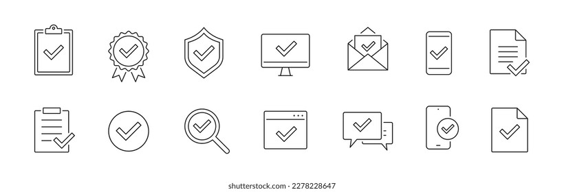 Confirme, marque el conjunto de iconos. Correo, escudo, documento, chat con marca de verificación