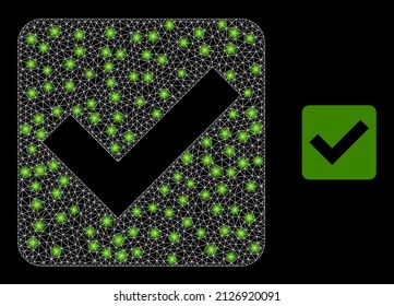 Confirm checkbox icon and glowing mesh confirm checkbox model with glowing light spots. Illuminated constellation created using confirm checkbox vector icon and triangle mesh.