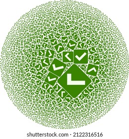 Confirm checkbox icons are grouped into spheric collection. Confirm checkbox icon spheric mosaic. Abstraction spheric globula mosaic created from confirm checkbox items.