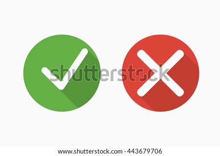 Confirm and deny icons with shadows in flat style. Green and red. Vector illustration