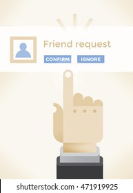 Confirm or ignore friend request in internet social network? With businessman hand over buttons on screen. 
Idea - Social networking in modern business, online friendship, web communication.