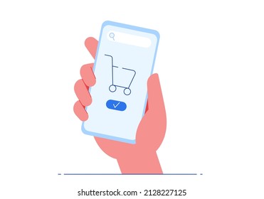 
Confirmar compras en línea. Mano sosteniendo un teléfono haciendo compras en línea. Pantalla de teléfono con bolso de compra o carro y marca de verificación. Ilustración del vector aislada en blanco