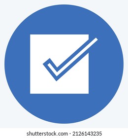 Confirm Order Icon in trendy long shadow style isolated on soft blue background