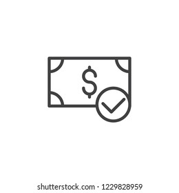 Confirm payment outline icon. linear style sign for mobile concept and web design. Approved money simple line vector icon. Confirm, done, tick dollar symbol, logo illustration. Pixel perfect vector