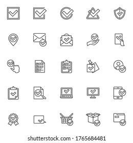 Confirmation, approval line icons set. Check mark linear style symbols collection, outline signs pack. vector graphics. Set includes icons as received message, checklist document, certified badge