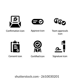 Confirmation, Approve, Team approvals, Consent, Certified, Signature, Black Icon Set