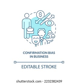 Confirmation bias in business turquoise concept icon. Unconscious prejudice example abstract idea thin line illustration. Isolated outline drawing. Editable stroke. Arial, Myriad Pro-Bold fonts used