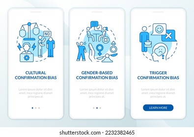 Confirmation bias in interviewing blue onboarding mobile app screen. Walkthrough 3 steps editable graphic instructions with linear concepts. UI, UX, GUI template. Myriad Pro-Bold, Regular fonts used