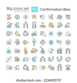 Confirmation bias RGB color big icons set. Forming opinion. Decision making. Isolated vector illustrations. Simple filled line drawings collection. Editable stroke. Montserrat Bold, Light fonts used
