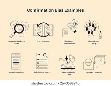 Confirmation bias is shown through selective evidence, echo chambers, and ignored data, illustrating how beliefs are reinforced. Doodle style