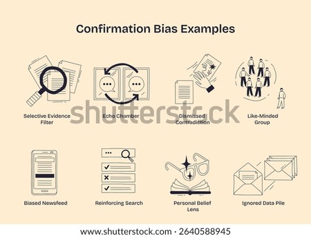 Confirmation bias is shown through selective evidence, echo chambers, and ignored data, illustrating how beliefs are reinforced. Doodle style