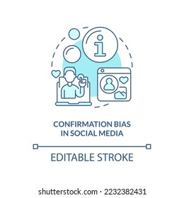 Confirmation bias in social media turquoise concept icon. Cognitive prejudice example abstract idea thin line illustration. Isolated outline drawing. Editable stroke. Arial, Myriad Pro-Bold fonts used