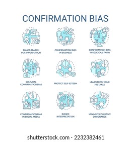 Confirmation bias turquoise concept icons set. News literacy. Information research idea thin line color illustrations. Isolated symbols. Editable stroke. Roboto-Medium, Myriad Pro-Bold fonts used