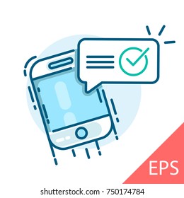 Confirmation by phone glyph icon, with tick mark inside speech bubble. Vector modern line design illustrative icon