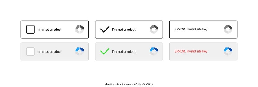Conjunto de iconos de captcha de confirmación. Botones No soy un Robot Mockup. Estilo plano. Iconos vectoriales