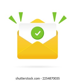 Confirmation email message. Verified mailer email send icon. Check mark document in mail envelope. Approved tick marker or confirm accepted or checked on acceptance letter verify sending.