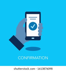 Confirmation flat symbol with hand holding smartphone and verification symbol. Easy to use for your website or presentation.