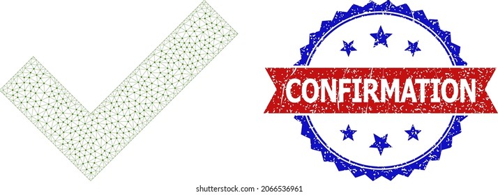 Confirmation grunge stamp seal, and yes tick icon polygonal model. Red and blue bicolor stamp seal includes Confirmation tag inside ribbon and rosette. Abstract flat mesh yes tick,