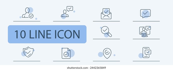 Confirmation icon set. Check mark, smartphone, password, fingerprint scanner, file, message. 10 line icon style. Vector line icon for business and advertising