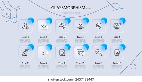 Conjunto de iconos de confirmación. Marca, etiqueta GPS, contactos, búsqueda, archivo, información, verificación, cuenta verificada. Estilo de morfismo de vidrio. Icono de línea vectorial para negocios y publicidad